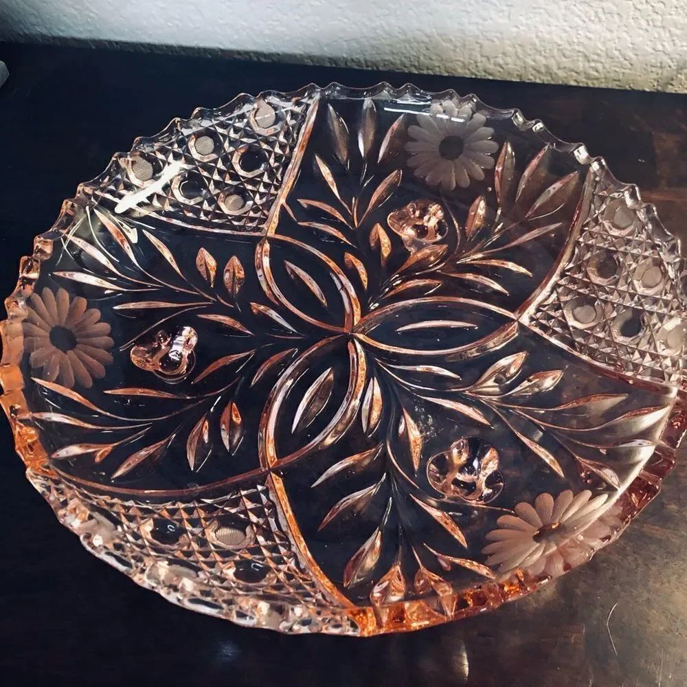 Large Pink Floral Depression Glass Footed Plate Tray